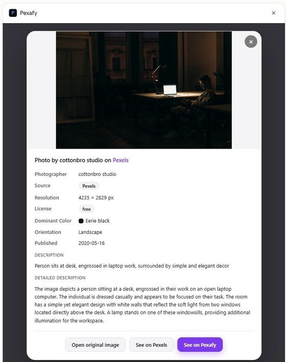 The panel that opens on a thumbnail: photographer, source, resolution, licence, dominant colour, orientation and description.