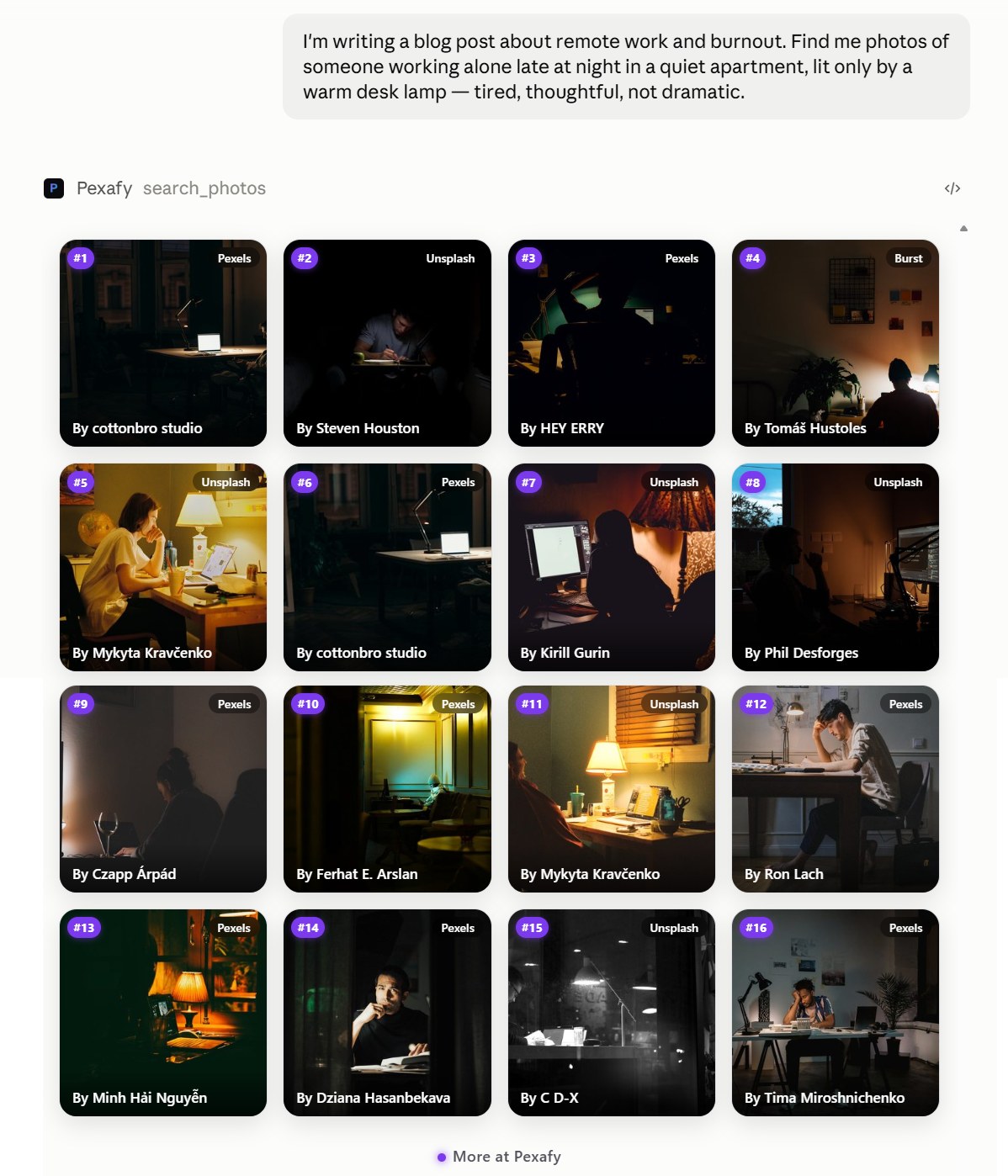 A Claude conversation: a request for photographs of someone working late at night, answered by a grid of sixteen photographs with their credits.